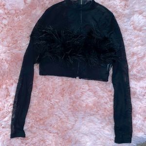 Akira’s- Sheer Black longsleve Feathered crop top